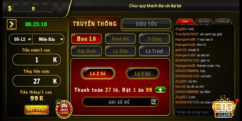 Bao lô 1 điểm ăn 99k tại cổng game xổ số hitclub trực tuyến